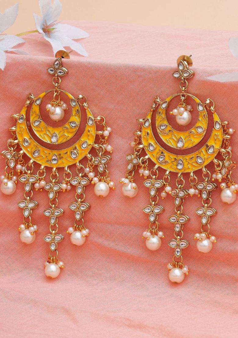 Gold-Plated Yellow Drop Kundan Earrings for Women | Traditional Ethnic Jewellery for Wedding & Festive Wear | Gift for Her - Indya