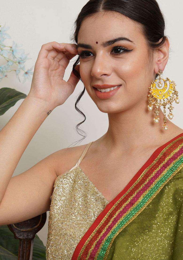 Gold-Plated Yellow Drop Kundan Earrings for Women | Traditional Ethnic Jewellery for Wedding & Festive Wear | Gift for Her - Indya
