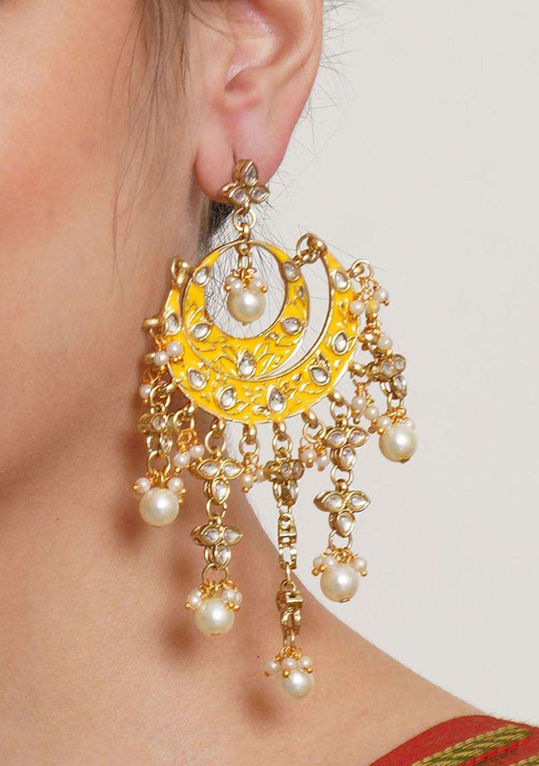 Gold-Plated Yellow Drop Kundan Earrings for Women | Traditional Ethnic Jewellery for Wedding & Festive Wear | Gift for Her - Indya