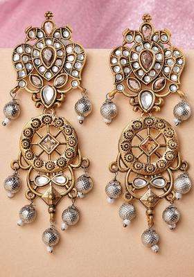 White Gold-Plated Contemporary Kundan Stoned Drop Earrings for Women | Fusion Party & Festive Wear | Gift for Her