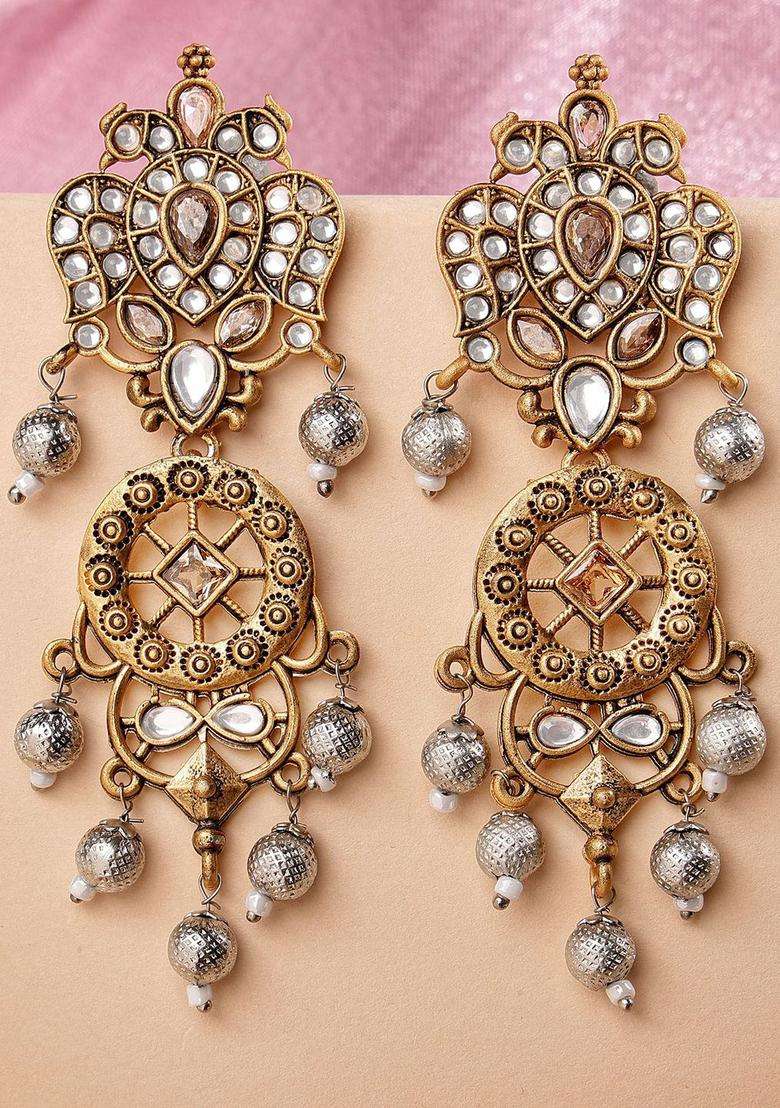 White Gold-Plated Contemporary Kundan Stoned Drop Earrings for Women | Fusion Party & Festive Wear | Gift for Her - Indya