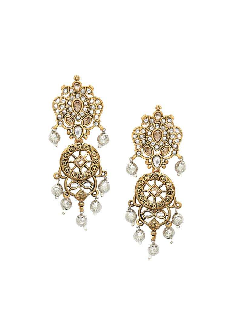 White Gold-Plated Contemporary Kundan Stoned Drop Earrings for Women | Fusion Party & Festive Wear | Gift for Her - Indya