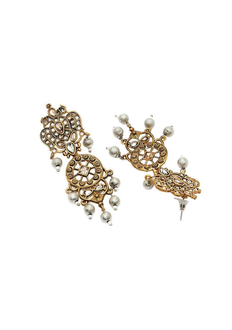 White Gold-Plated Contemporary Kundan Stoned Drop Earrings for Women | Fusion Party & Festive Wear | Gift for Her - Indya