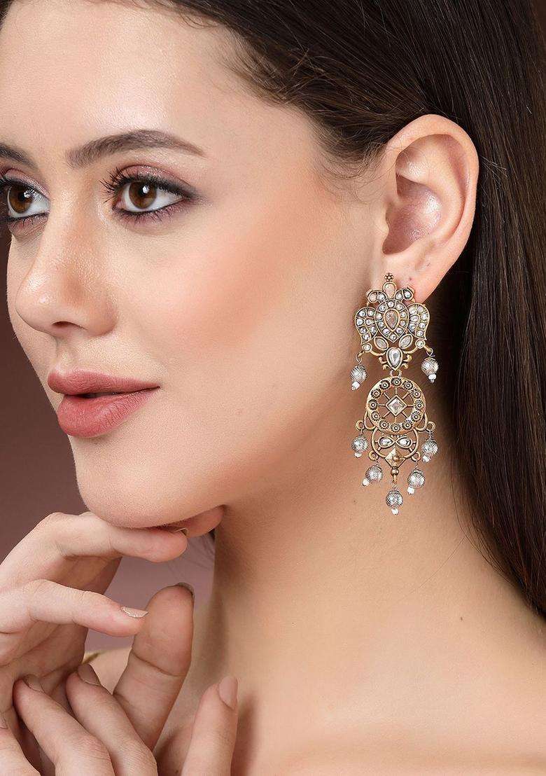 White Gold-Plated Contemporary Kundan Stoned Drop Earrings for Women | Fusion Party & Festive Wear | Gift for Her - Indya