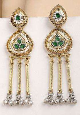 Green Gold-Plated Kundan Studded Contemporary Drop Traditional Earrings for Women | Traditional Ethnic Jewellery for Wedding & Festive Wear | Gift for Her