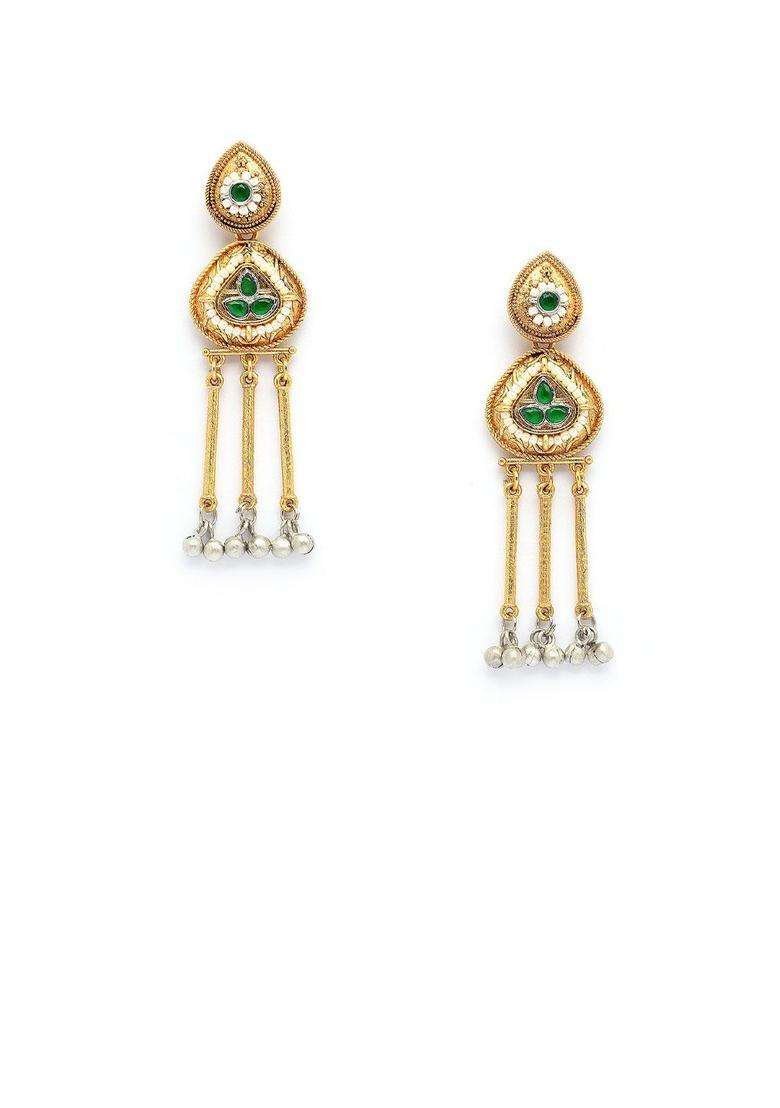 Green Gold-Plated Kundan Studded Contemporary Drop Traditional Earrings for Women | Traditional Ethnic Jewellery for Wedding & Festive Wear | Gift for Her - Indya