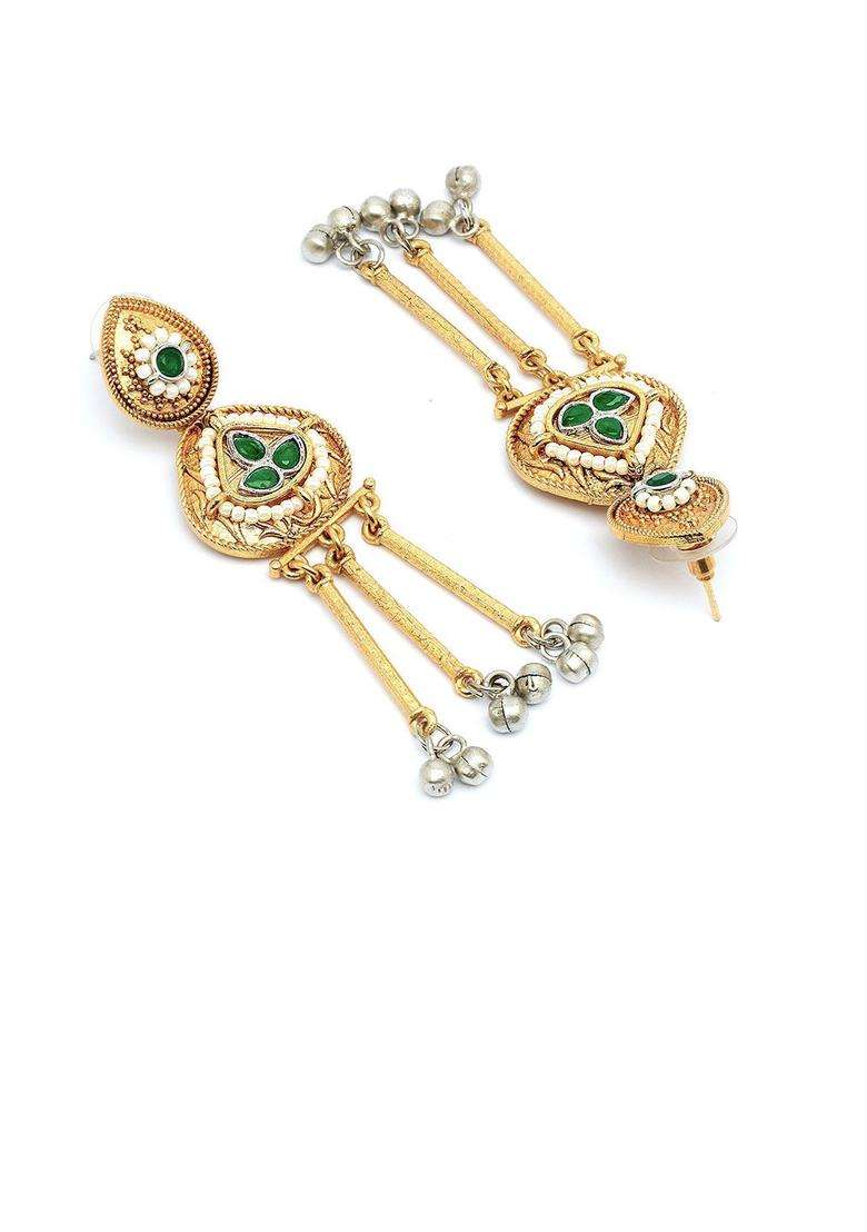 Green Gold-Plated Kundan Studded Contemporary Drop Traditional Earrings for Women | Traditional Ethnic Jewellery for Wedding & Festive Wear | Gift for Her - Indya