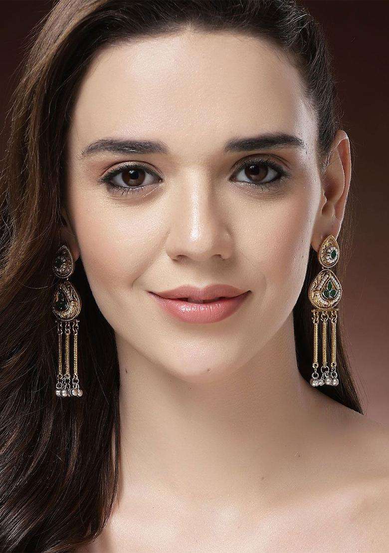 Green Gold-Plated Kundan Studded Contemporary Drop Traditional Earrings for Women | Traditional Ethnic Jewellery for Wedding & Festive Wear | Gift for Her - Indya