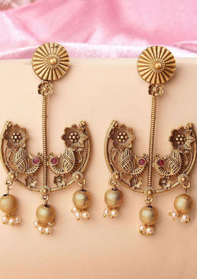 Gold-Plated Kundan Beaded Peacock Shaped Drop Earrings for Women | Traditional Ethnic Jewellery for Wedding & Festive Wear | Gift for Her - Indya