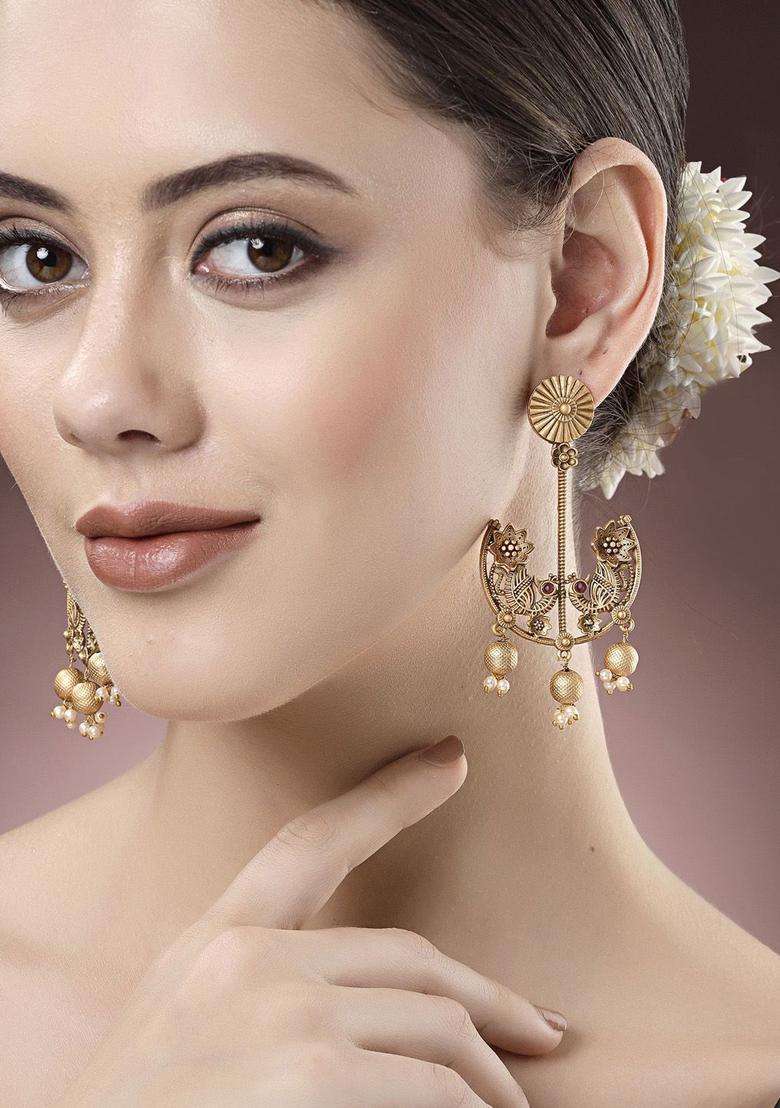 Gold-Plated Kundan Beaded Peacock Shaped Drop Earrings for Women | Traditional Ethnic Jewellery for Wedding & Festive Wear | Gift for Her - Indya
