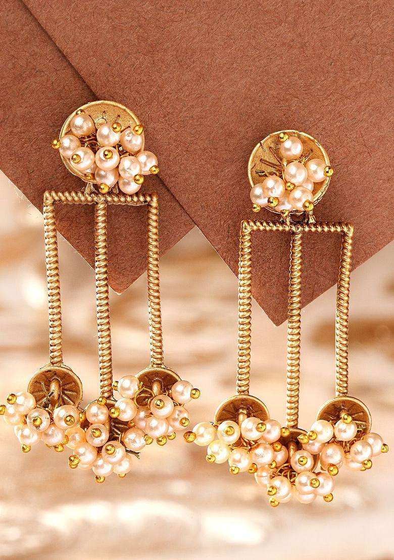 Gold-Plated Contemporary Drop Pearl Earrings for Women | Traditional Ethnic Jewellery for Wedding & Festive Wear | Gift for Her - Indya