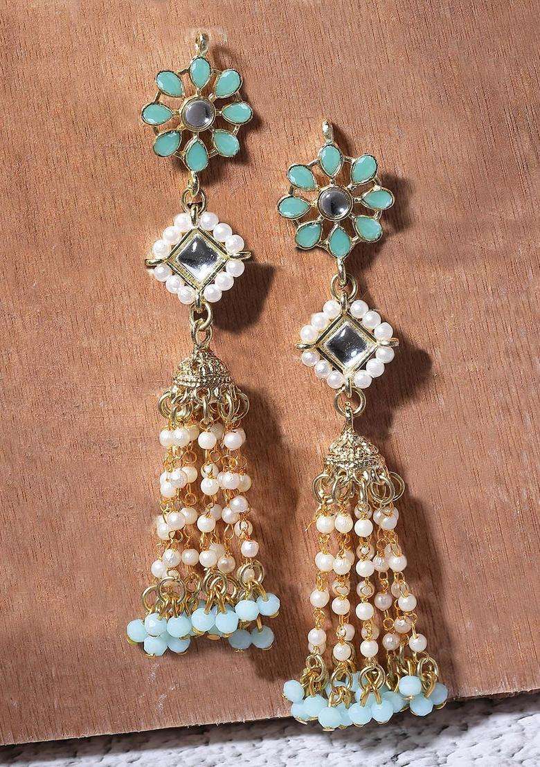 Blue Gold-Plated Dome Shaped Kundan Drop Earrings for Women | Traditional Ethnic Jewellery for Wedding & Festive Wear | Gift for Her - Indya