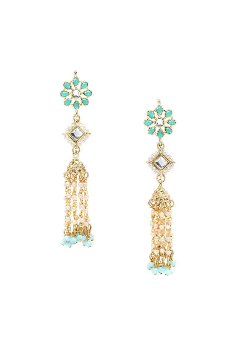 Blue Gold-Plated Dome Shaped Kundan Drop Earrings for Women | Traditional Ethnic Jewellery for Wedding & Festive Wear | Gift for Her - Indya