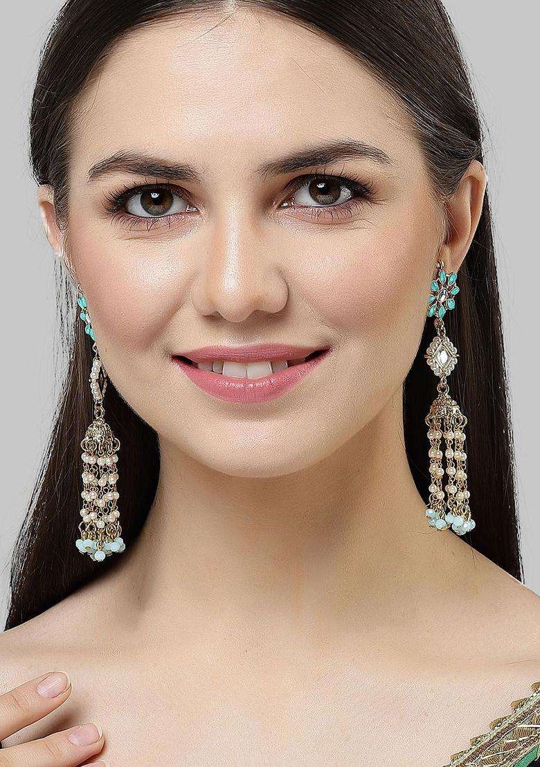 Blue Gold-Plated Dome Shaped Kundan Drop Earrings for Women | Traditional Ethnic Jewellery for Wedding & Festive Wear | Gift for Her - Indya