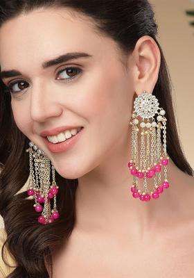 Pink Gold-Plated Floral Drop Tassel Kundan Earrings for Women | Fusion Party & Festive Wear | Gift for Her