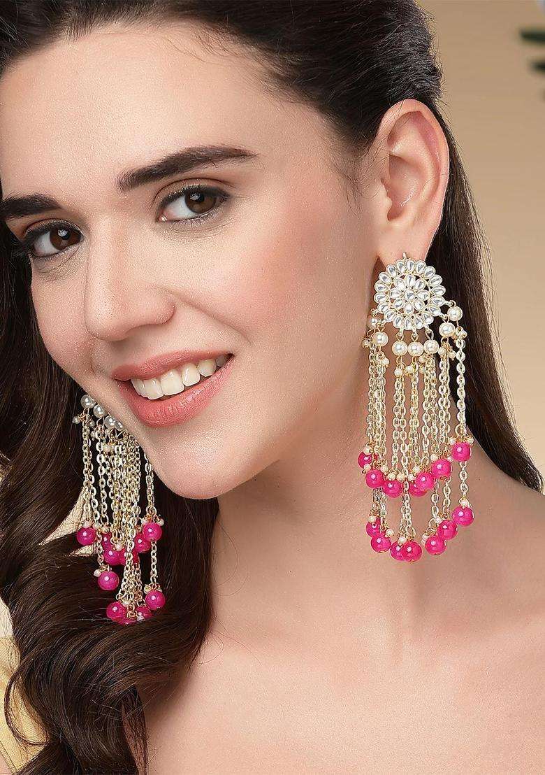 Pink Gold-Plated Floral Drop Tassel Kundan Earrings for Women | Fusion Party & Festive Wear | Gift for Her - Indya