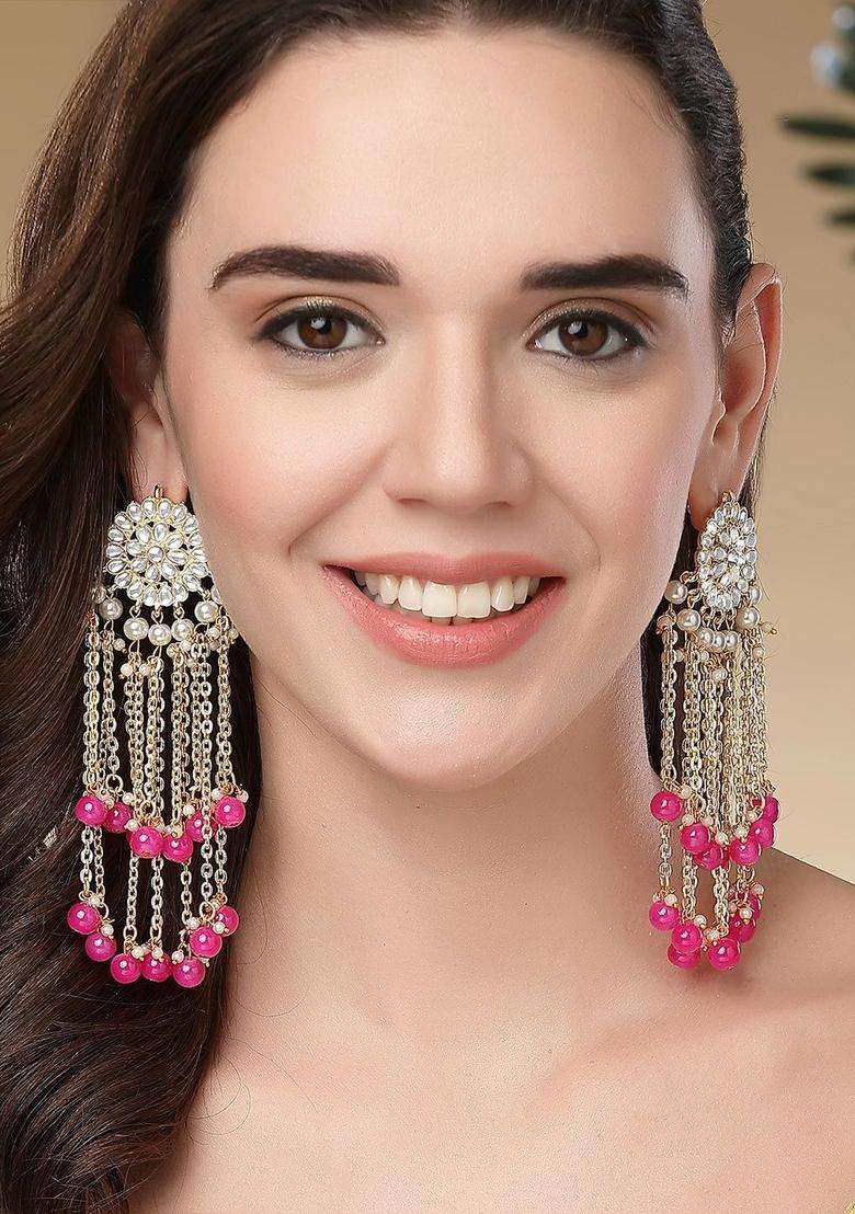 Pink Gold-Plated Floral Drop Tassel Kundan Earrings for Women | Fusion Party & Festive Wear | Gift for Her - Indya
