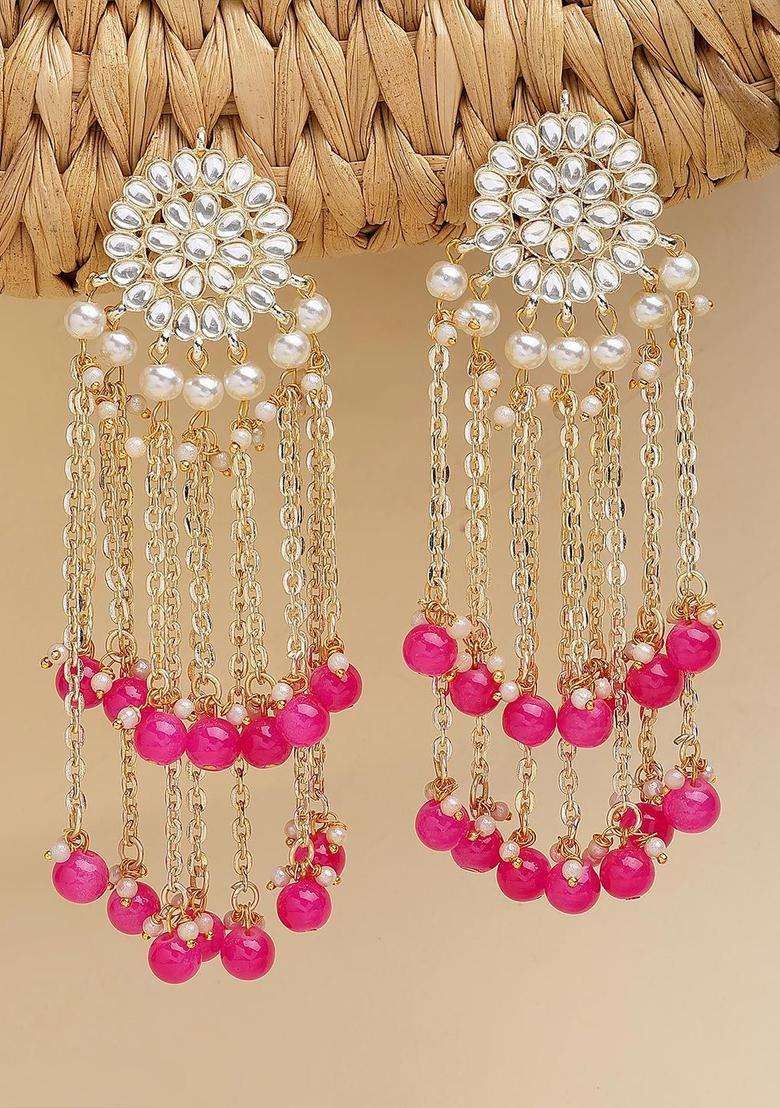 Pink Gold-Plated Floral Drop Tassel Kundan Earrings for Women | Fusion Party & Festive Wear | Gift for Her - Indya