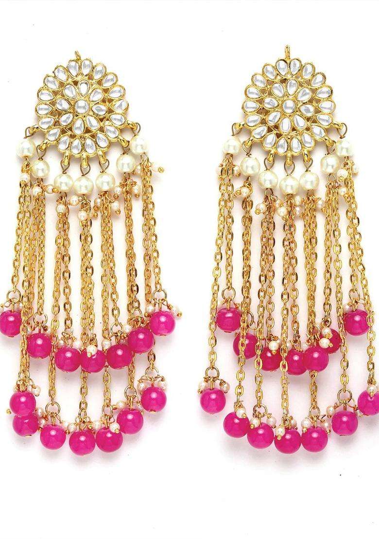 Pink Gold-Plated Floral Drop Tassel Kundan Earrings for Women | Fusion Party & Festive Wear | Gift for Her - Indya