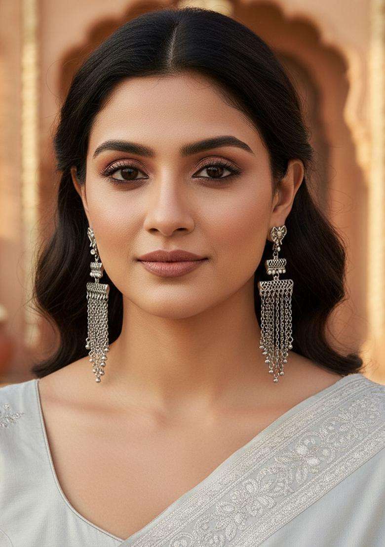 Silver-Plated Contemporary Drop Kundan Earrings for Women | Fusion Party & Festive Wear | Gift for Her - Indya