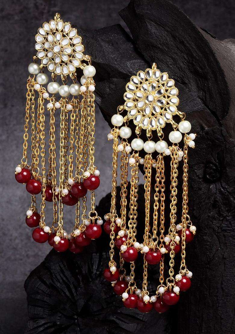 Red Gold-Plated Floral Kundan Tassel Drop Earrings for Women | Traditional Ethnic Jewellery for Wedding & Festive Wear | Gift for Her - Indya