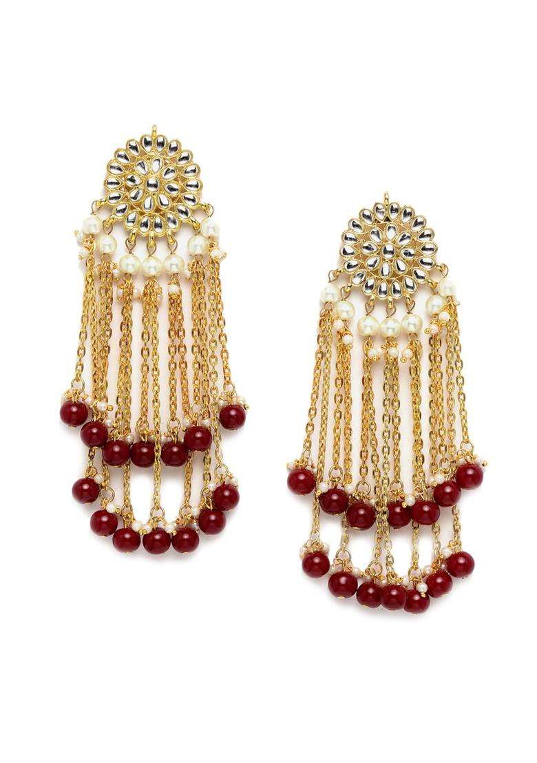 Red Gold-Plated Floral Kundan Tassel Drop Earrings for Women | Traditional Ethnic Jewellery for Wedding & Festive Wear | Gift for Her - Indya
