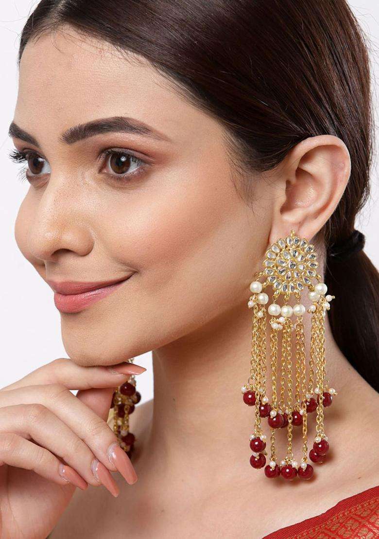 Red Gold-Plated Floral Kundan Tassel Drop Earrings for Women | Traditional Ethnic Jewellery for Wedding & Festive Wear | Gift for Her - Indya