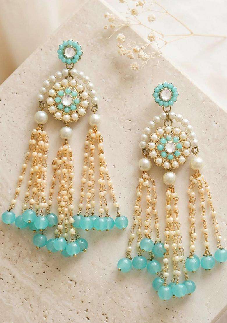 Blue Kundan Beaded Drop Gold-Plated Earrings for Women | Traditional Ethnic Jewellery for Wedding & Festive Wear | Gift for Her - Indya