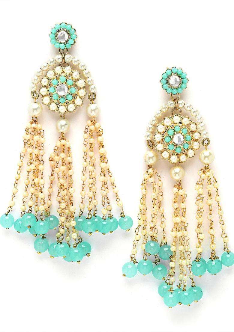 Blue Kundan Beaded Drop Gold-Plated Earrings for Women | Traditional Ethnic Jewellery for Wedding & Festive Wear | Gift for Her - Indya