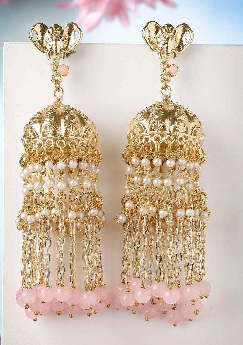 Pink Gold-Plated Contemporary Jhumkas Kundan Jhumki Earrings for Women | Traditional Ethnic Jewellery for Wedding & Festive Wear | Gift for Her - Indya