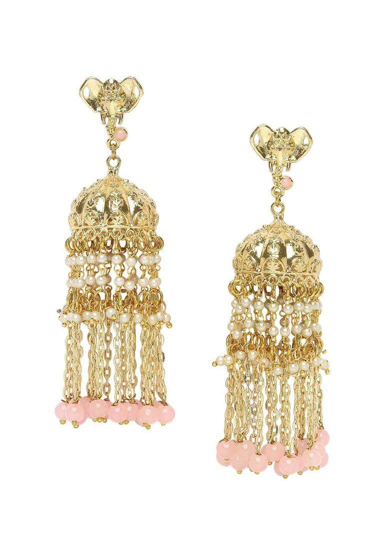 Pink Gold-Plated Contemporary Jhumkas Kundan Jhumki Earrings for Women | Traditional Ethnic Jewellery for Wedding & Festive Wear | Gift for Her - Indya