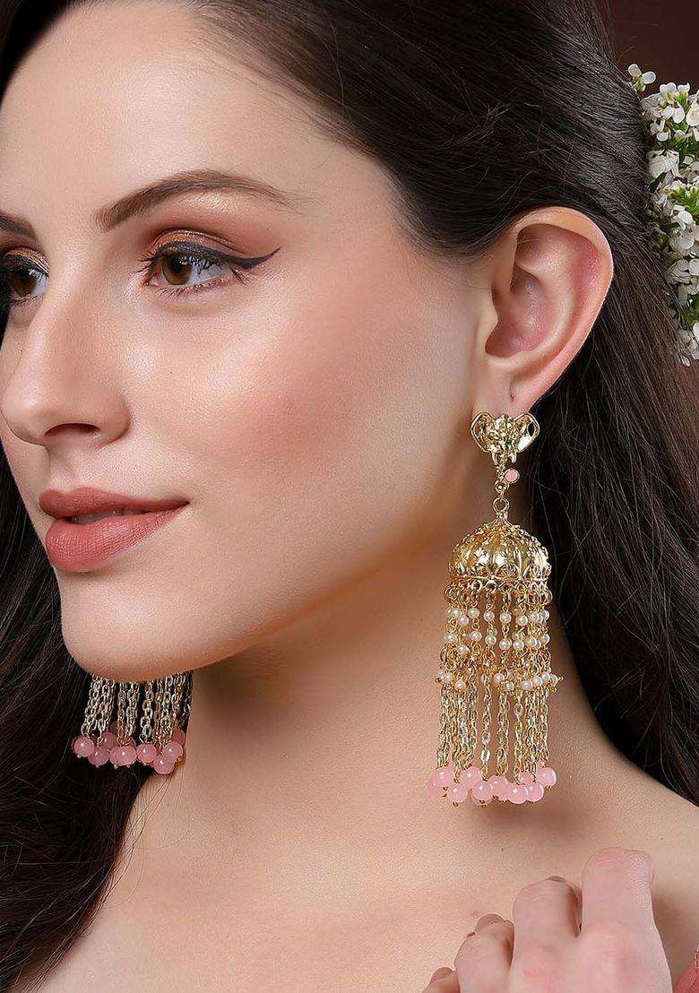 Pink Gold-Plated Contemporary Jhumkas Kundan Jhumki Earrings for Women | Traditional Ethnic Jewellery for Wedding & Festive Wear | Gift for Her - Indya