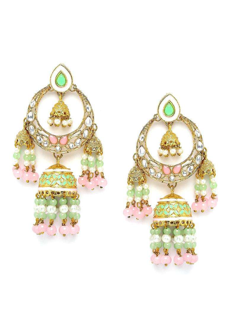 Green Gold-Plated Jhumkas Kundan Jhumki Earrings for Women | Traditional Ethnic Jewellery for Wedding & Festive Wear | Gift for Her - Indya