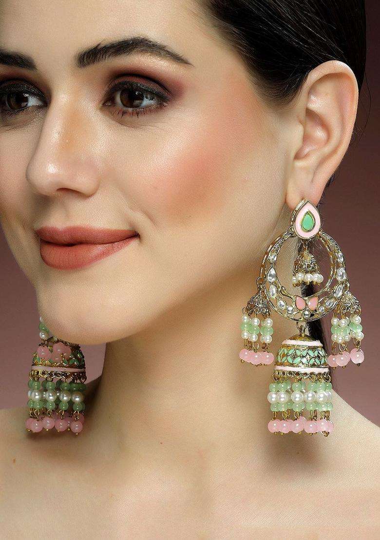 Green Gold-Plated Jhumkas Kundan Jhumki Earrings for Women | Traditional Ethnic Jewellery for Wedding & Festive Wear | Gift for Her - Indya
