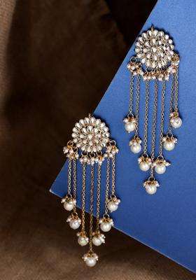 White Gold-Plated Stone-Studded Beaded Chandelier Classic Drop Earrings for Women | Traditional Ethnic Jewellery for Wedding & Festive Wear | Gift for Her