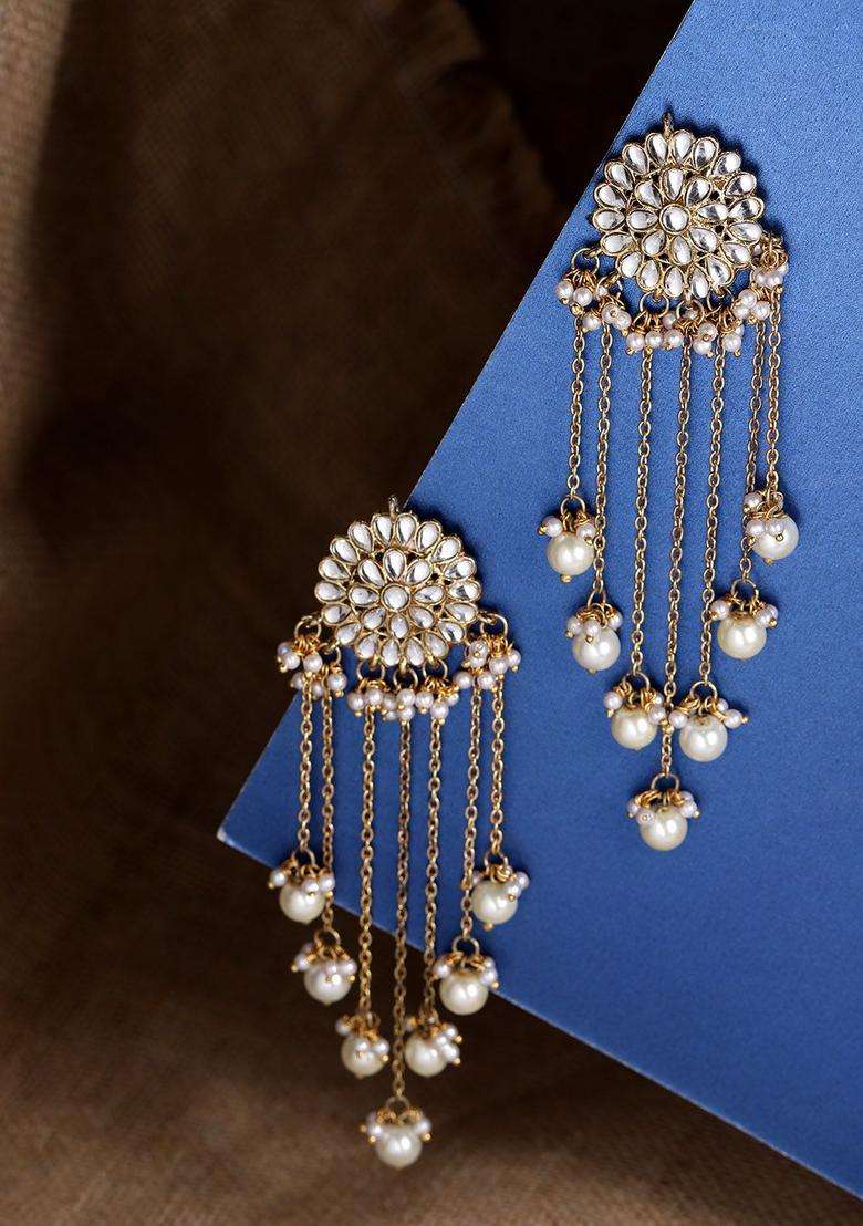 White Gold-Plated Stone-Studded Beaded Chandelier Classic Drop Earrings for Women | Traditional Ethnic Jewellery for Wedding & Festive Wear | Gift for Her - Indya