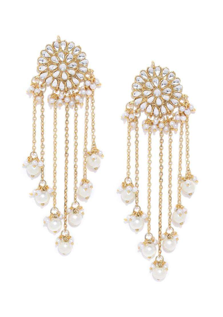 White Gold-Plated Stone-Studded Beaded Chandelier Classic Drop Earrings for Women | Traditional Ethnic Jewellery for Wedding & Festive Wear | Gift for Her - Indya