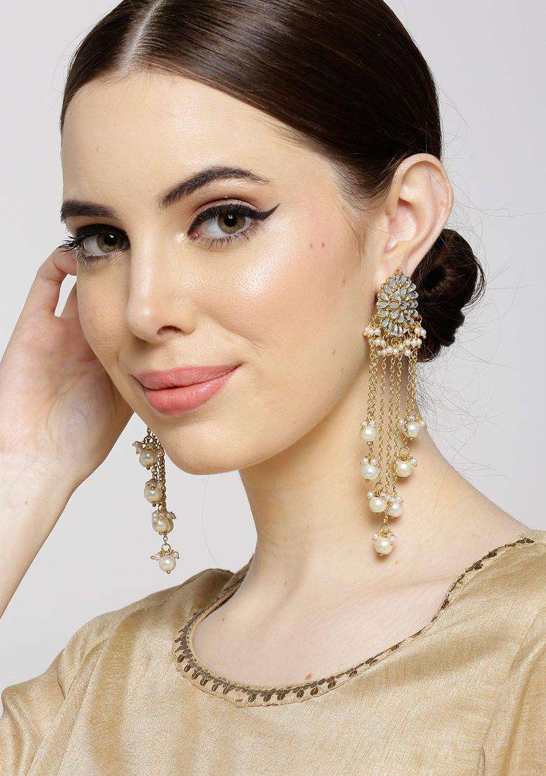 White Gold-Plated Stone-Studded Beaded Chandelier Classic Drop Earrings for Women | Traditional Ethnic Jewellery for Wedding & Festive Wear | Gift for Her - Indya