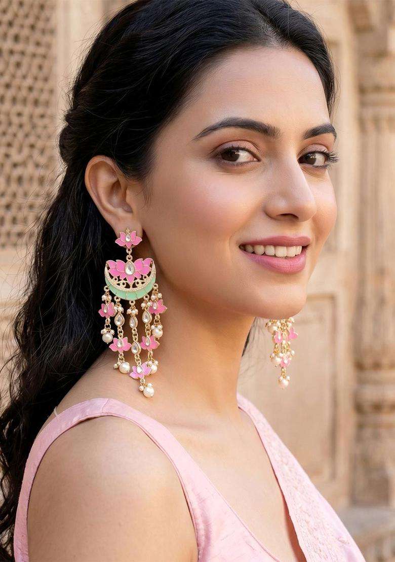 Pink & Gold-Toned Chandbalis Kundan Dangler Earrings for Women | Traditional Ethnic Jewellery for Wedding & Festive Wear | Gift for Her - Indya