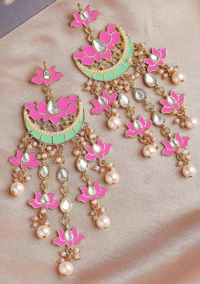 Pink & Gold-Toned Chandbalis Kundan Dangler Earrings for Women | Traditional Ethnic Jewellery for Wedding & Festive Wear | Gift for Her - Indya