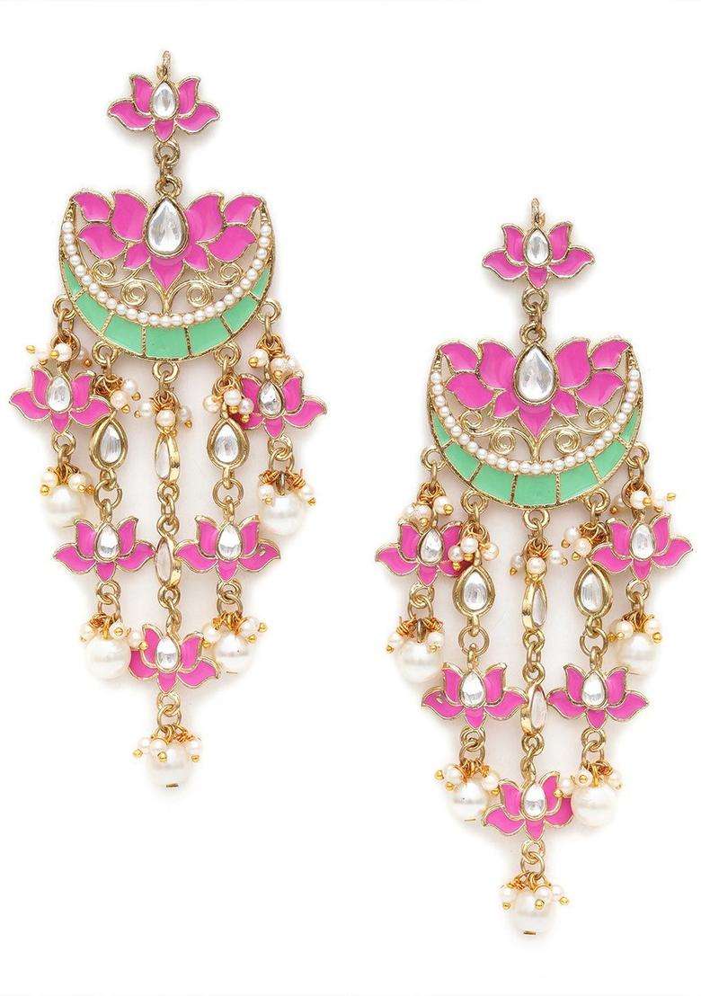 Pink & Gold-Toned Chandbalis Kundan Dangler Earrings for Women | Traditional Ethnic Jewellery for Wedding & Festive Wear | Gift for Her - Indya