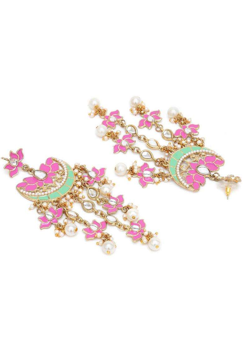 Pink & Gold-Toned Chandbalis Kundan Dangler Earrings for Women | Traditional Ethnic Jewellery for Wedding & Festive Wear | Gift for Her - Indya