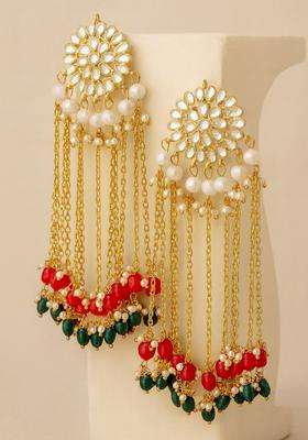 Gold-Plated & Maroon Contemporary Drop Earrings with Kundan for Women | Traditional Ethnic Jewellery for Wedding & Festive Wear | Gift for Her