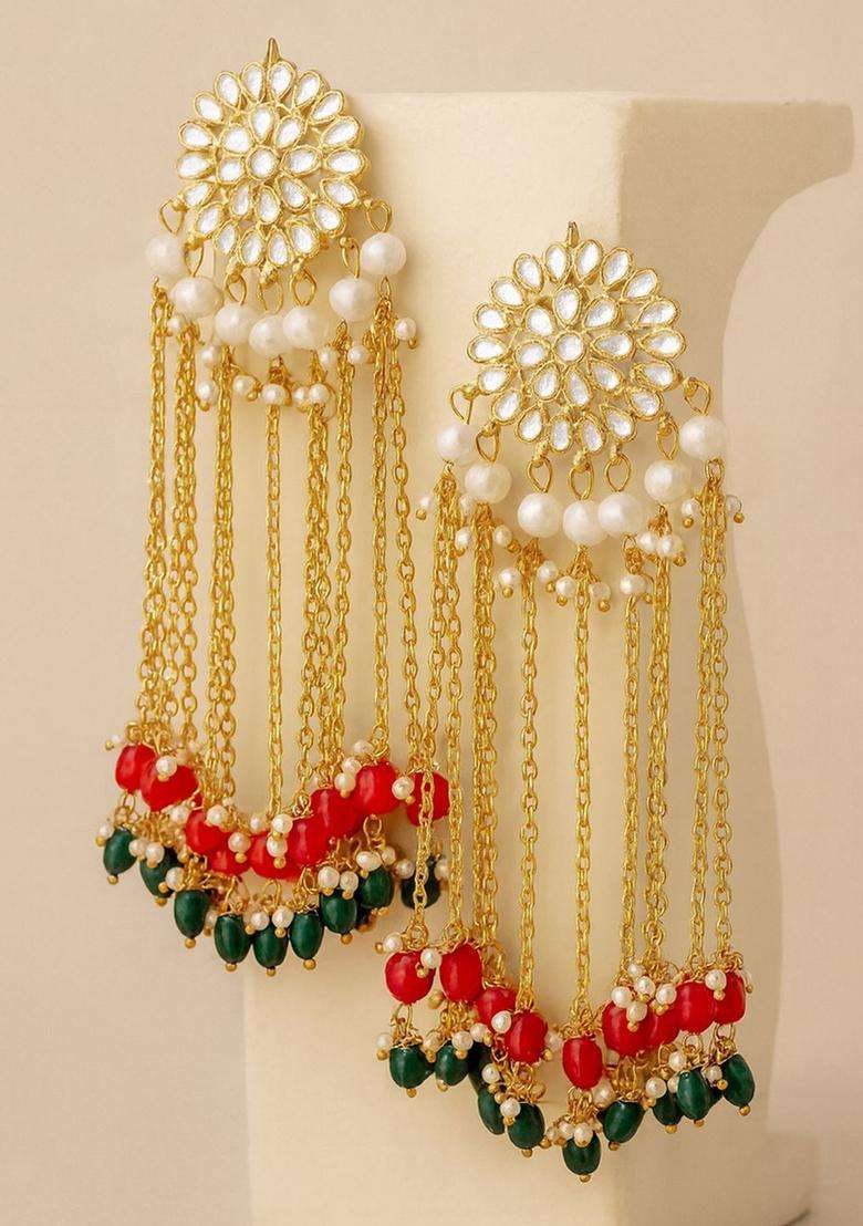 Gold-Plated & Maroon Contemporary Drop Earrings with Kundan for Women | Traditional Ethnic Jewellery for Wedding & Festive Wear | Gift for Her - Indya