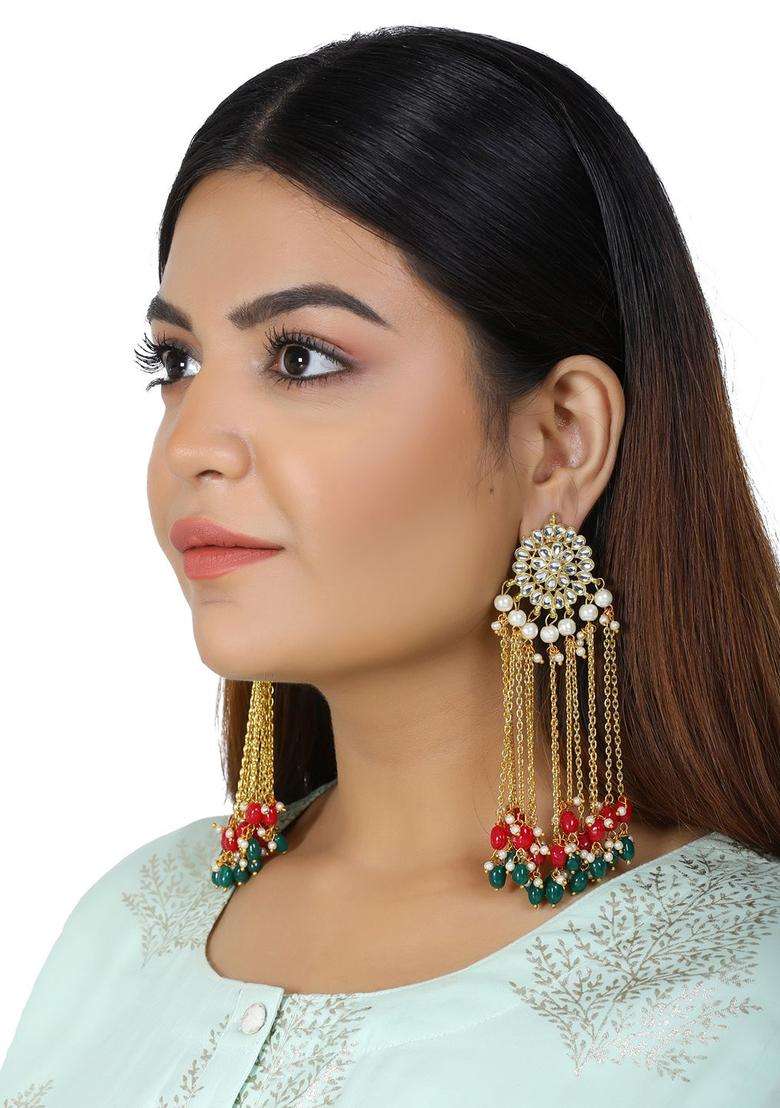Gold-Plated & Maroon Contemporary Drop Earrings with Kundan for Women | Traditional Ethnic Jewellery for Wedding & Festive Wear | Gift for Her - Indya