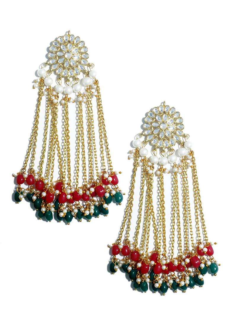 Gold-Plated & Maroon Contemporary Drop Earrings with Kundan for Women | Traditional Ethnic Jewellery for Wedding & Festive Wear | Gift for Her - Indya