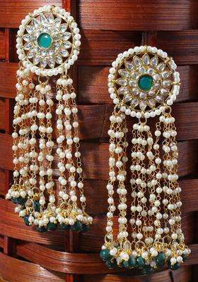 Green & White Floral Drop Gold-Plated Kundan Earrings for Women | Traditional Ethnic Jewellery for Wedding & Festive Wear | Gift for Her
