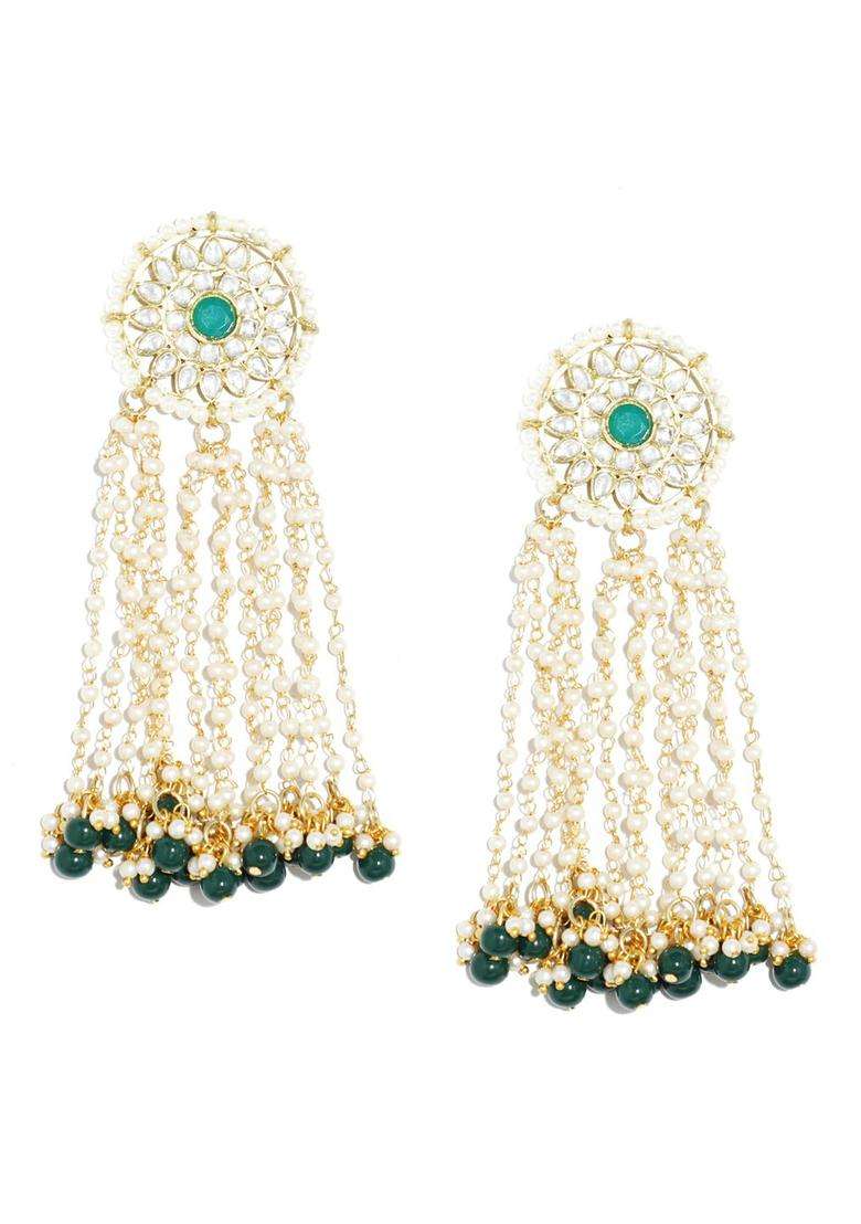 Green & White Floral Drop Gold-Plated Kundan Earrings for Women | Traditional Ethnic Jewellery for Wedding & Festive Wear | Gift for Her - Indya