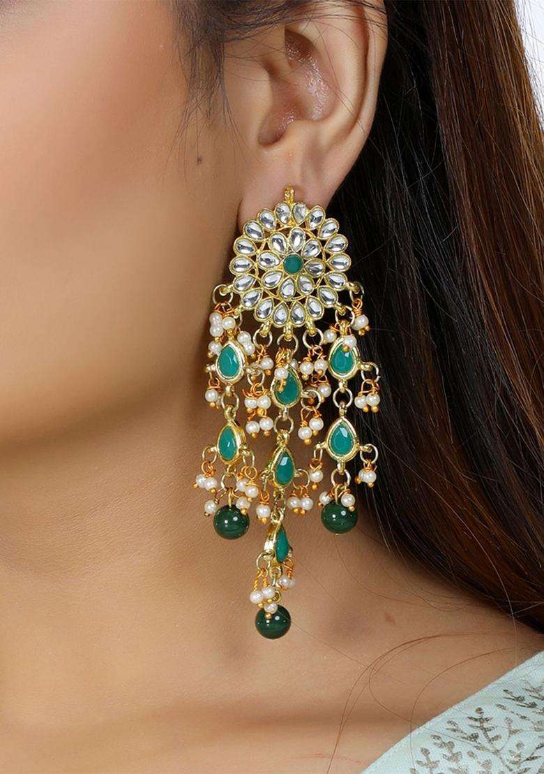 Green Gold-Plated Kundan Contemporary Chandbalis for Women | Traditional Ethnic Jewellery for Wedding & Festive Wear | Gift for Her - Indya