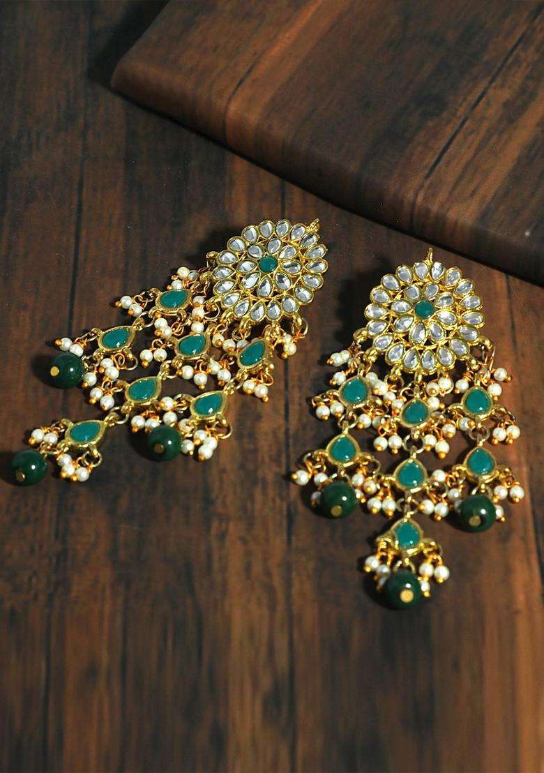 Green Gold-Plated Kundan Contemporary Chandbalis for Women | Traditional Ethnic Jewellery for Wedding & Festive Wear | Gift for Her - Indya